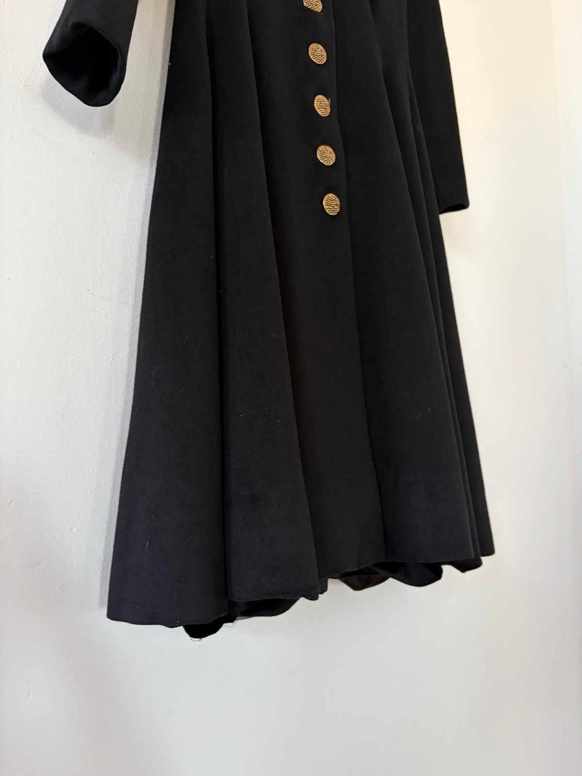 Vintage 1950s Black Wool Swing Coat Dress Princess Line Appliqué Formal New Look