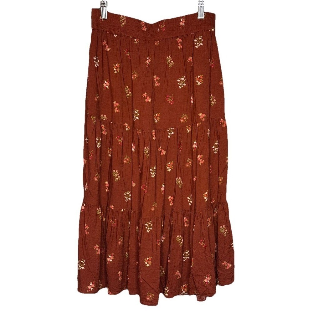 Sonoma Womens Floral Tiered Midi Skirt Small Rayon Rust Floral Boho Cottage