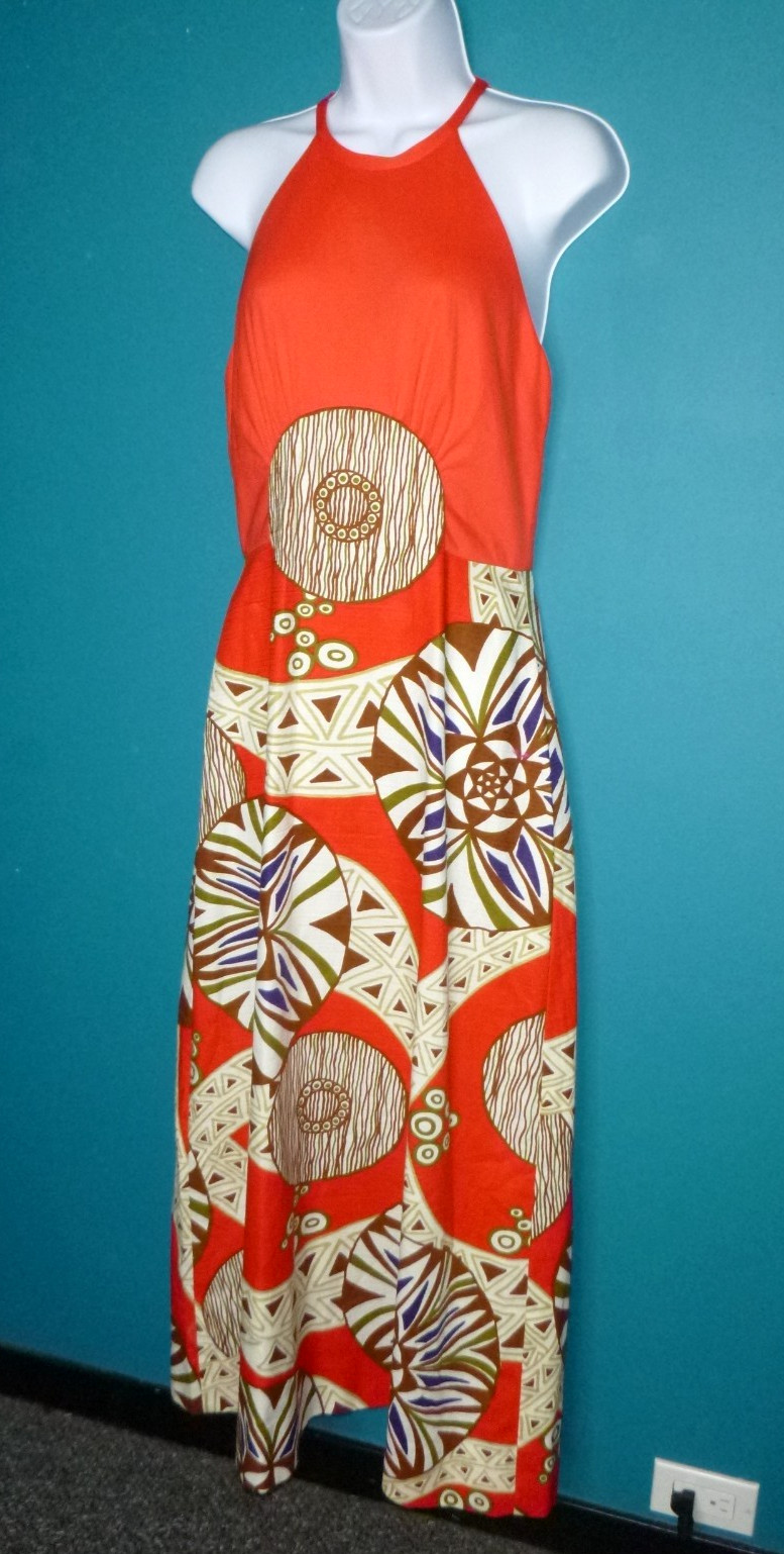 Vtg 70s Tori Richard Hawaiian Barkcloth Halter Maxi Dress MOD Abstract Sz S/M