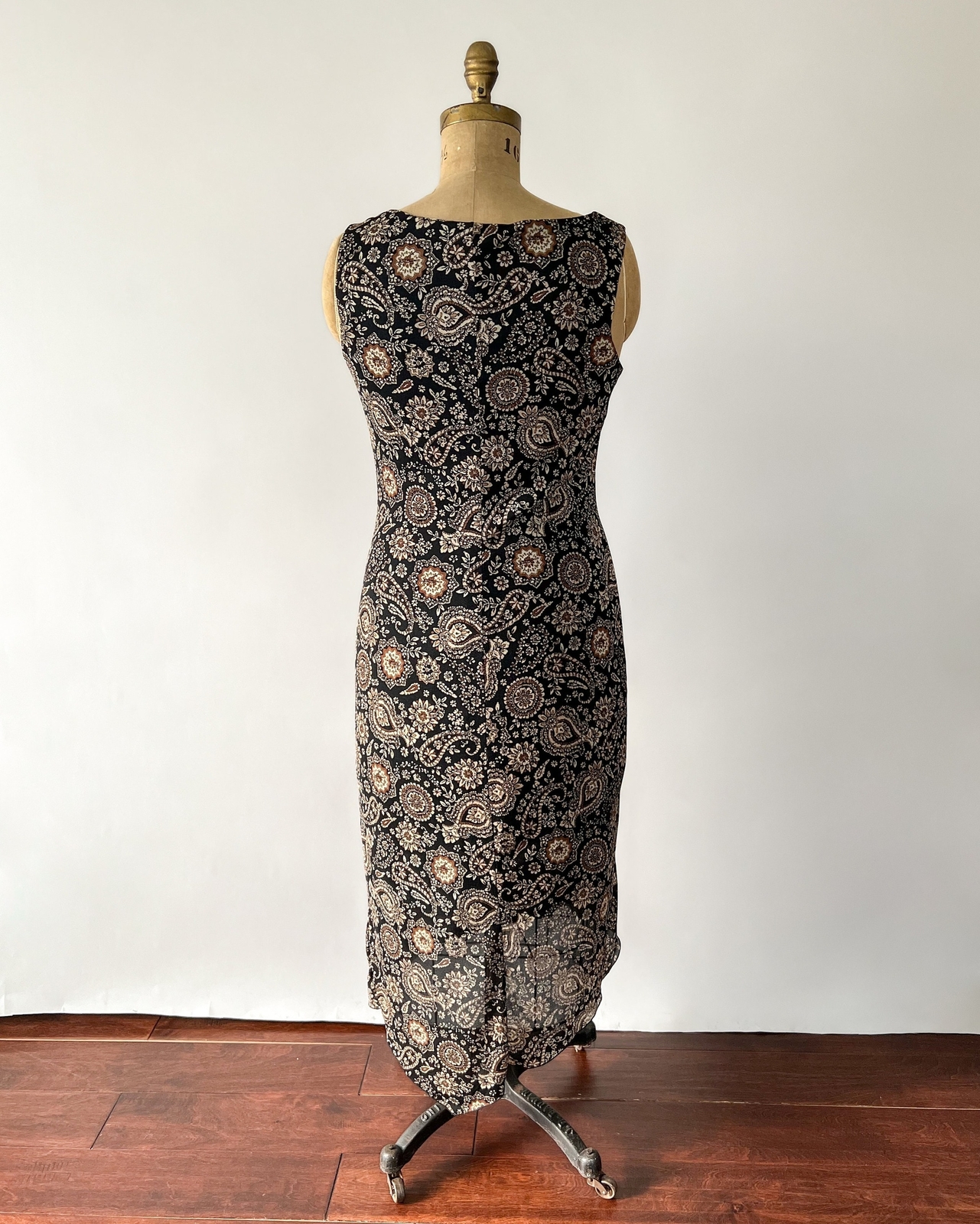 1990s Vintage Black Tan Paisley Print Mesh Sleeveless Keyhole Neck Slip Dress M