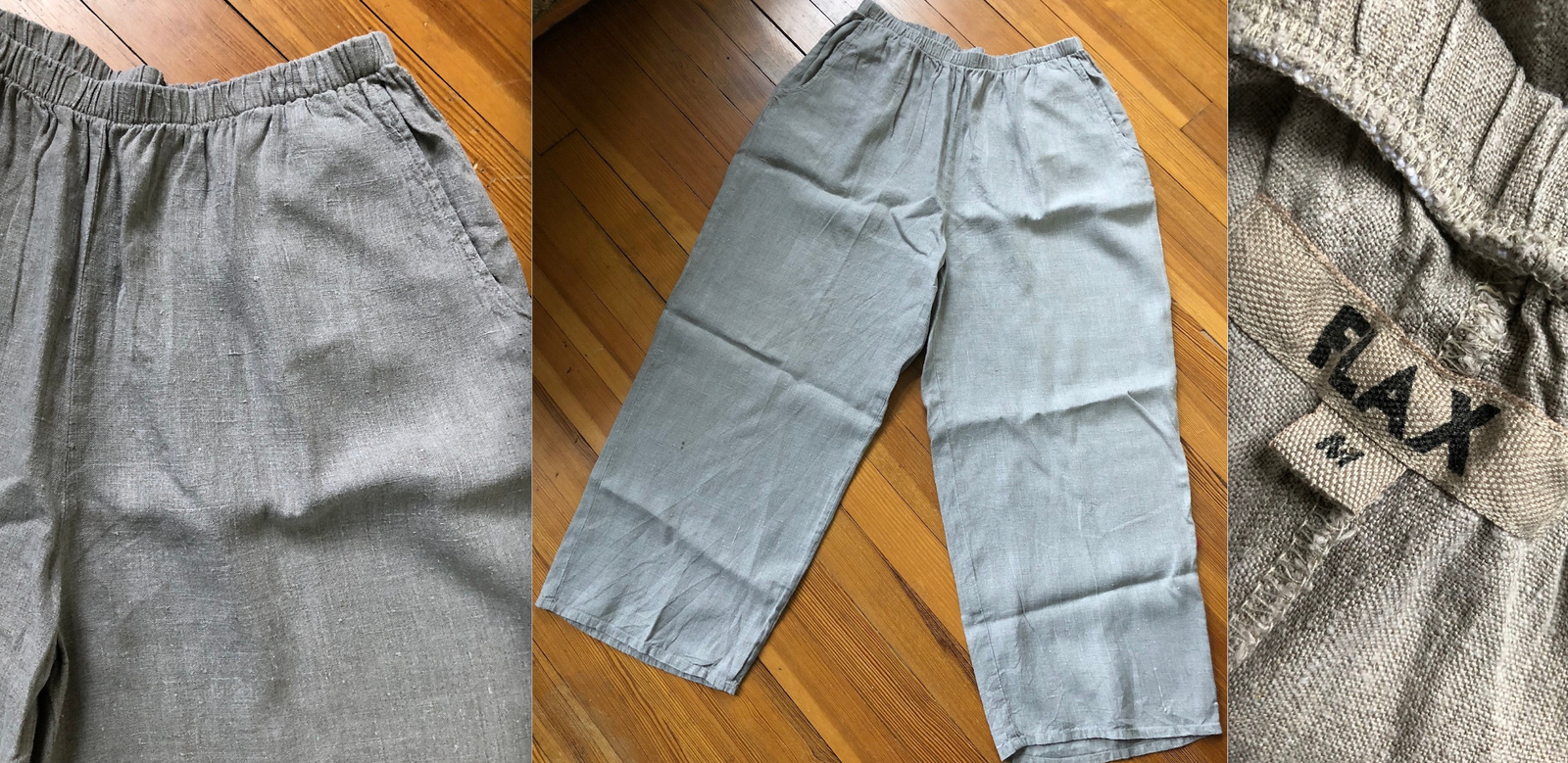 VTG FLAX 100% LINEN CROP PANTS KHAKI ELASTIC-WAIST LAGENLOOK M FAIR CONDITION