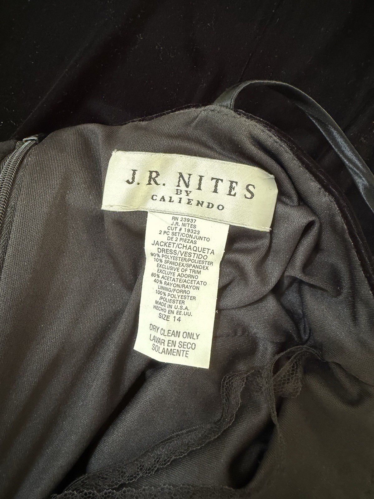 VTG J. R. Nites by Caliendo Black Velvet Evening Dress With Jacket Size 14