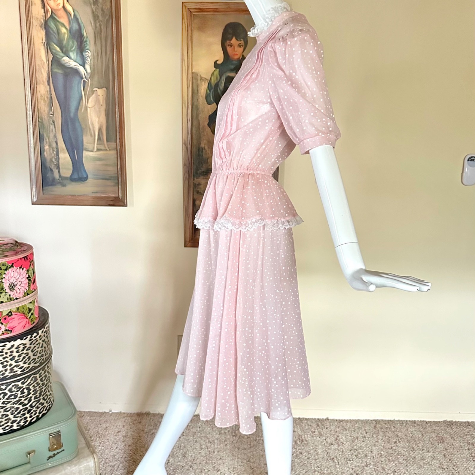 Vintage 1980s New Wave Valley Girl Pastel Pink Polka-dot Peplum Dress S/M