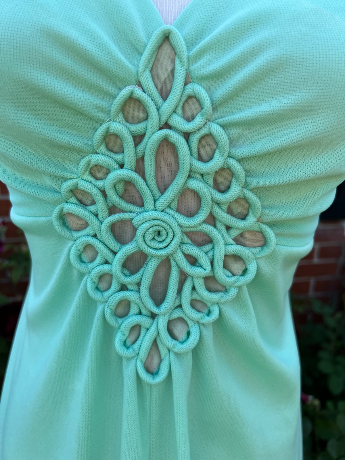 Vtg 70s Maxi Hostess Knit Dress with Corded Filigree Size M