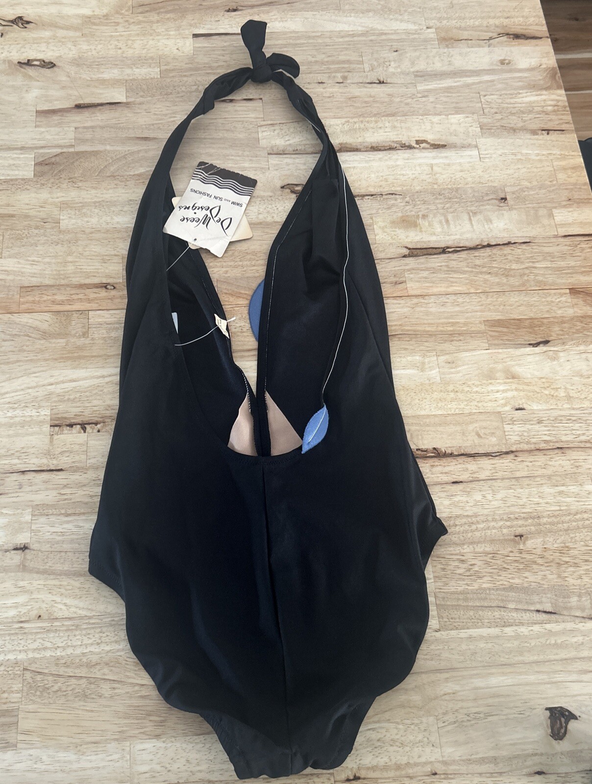 Vintage DeWeese Designs California Black Swimsuit Leaf Lure Size 14 Halter Top