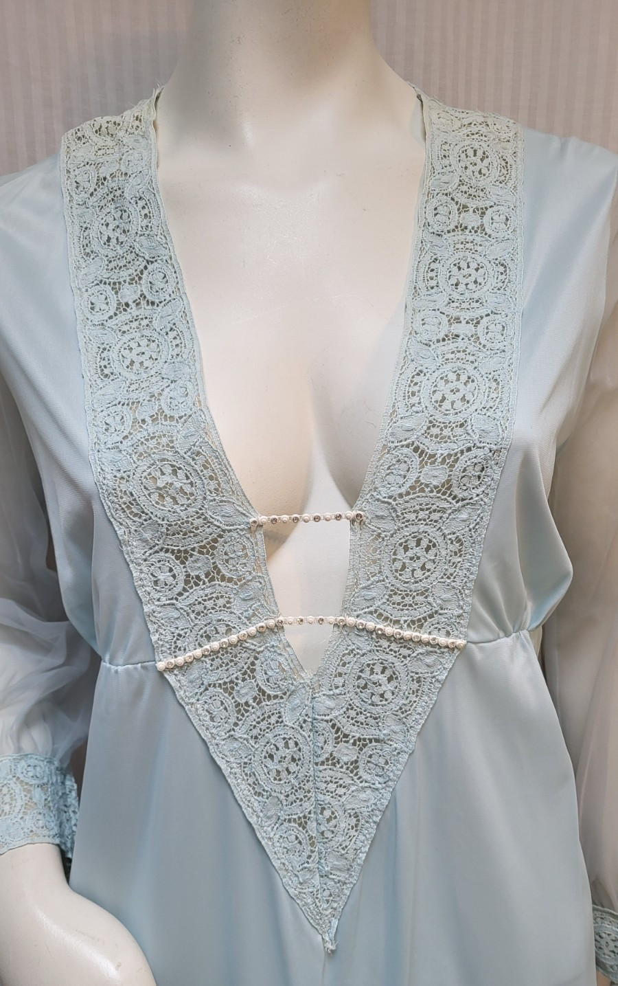 Vintage Blue Nylon Deep V Lace Trim Chiffon Sleeves Nightgown – Size 36
