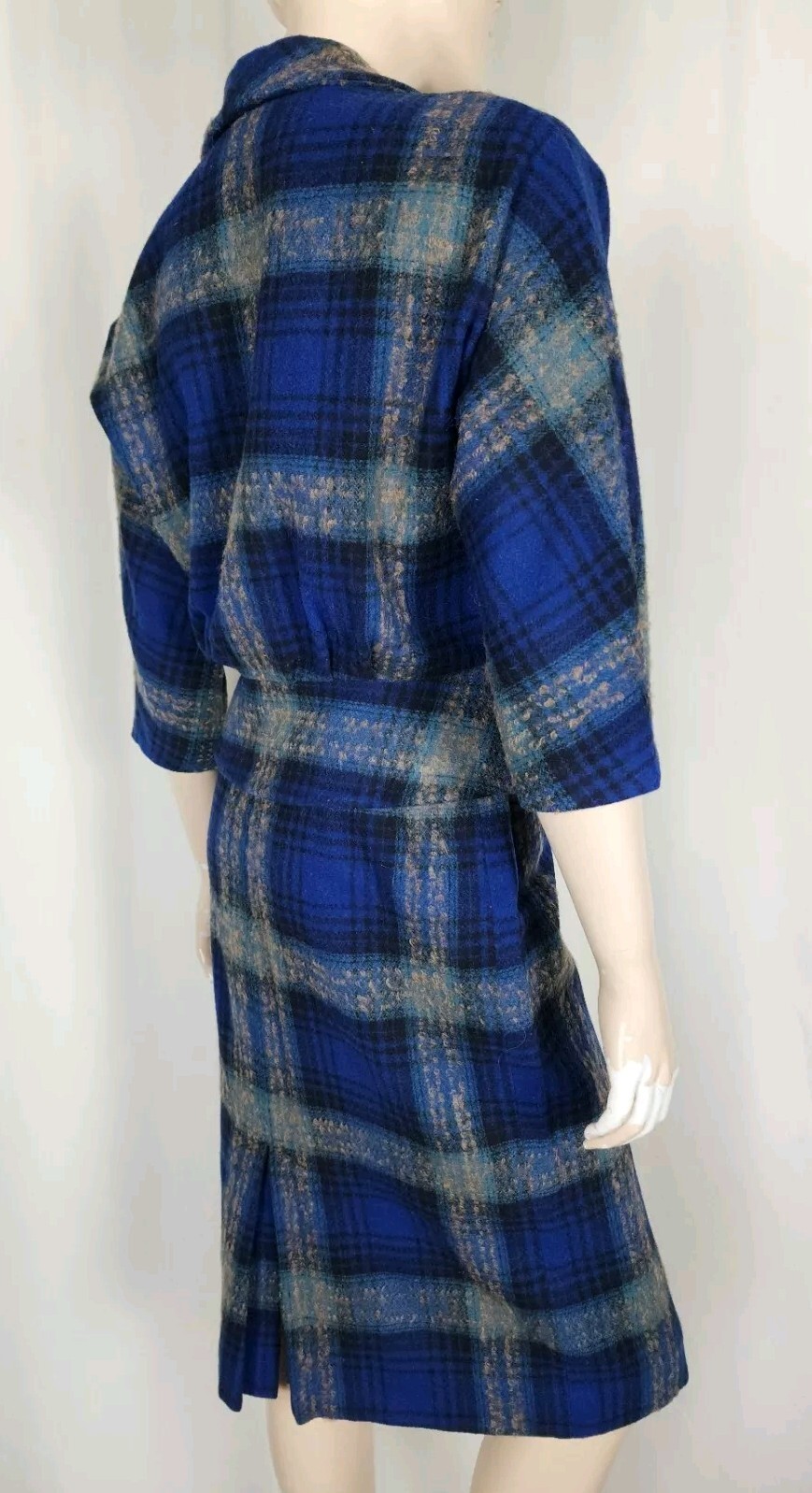 Vintage 40s 50s Earle Picard blue wool tartan plaid jacket skirt suit set S