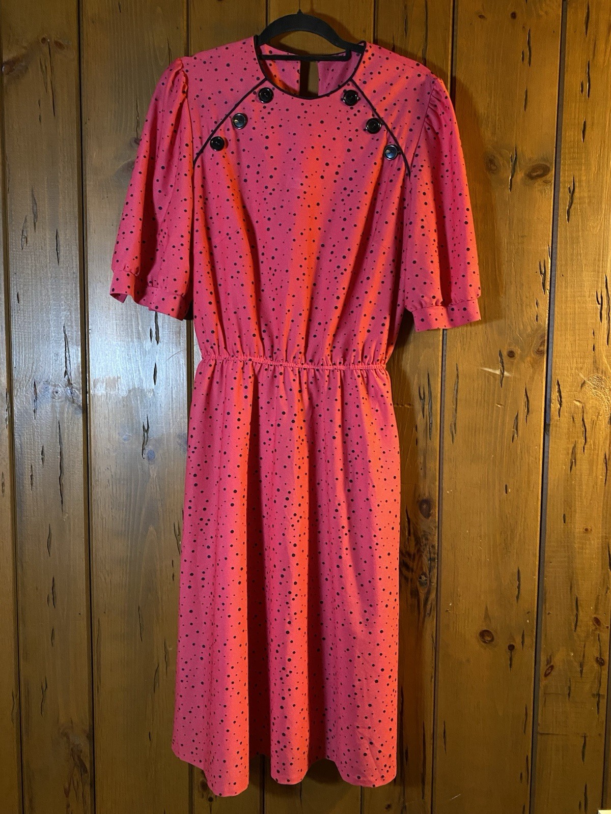 🎀 Vtg 80s Sue Sherry New York Pink Black Polka Dot Midi Dress Secretary