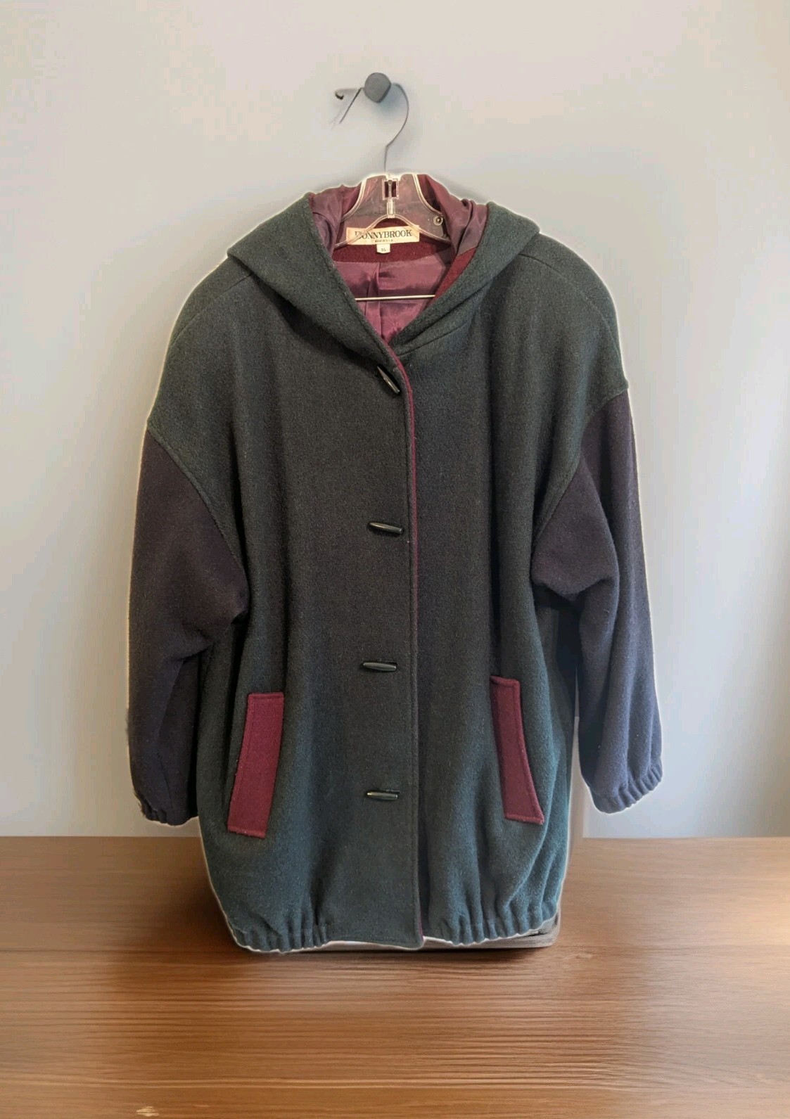 Vintage DonnyBrook Wool Coat Color block Jacket 90s Green Blue Red Hooded USA 14