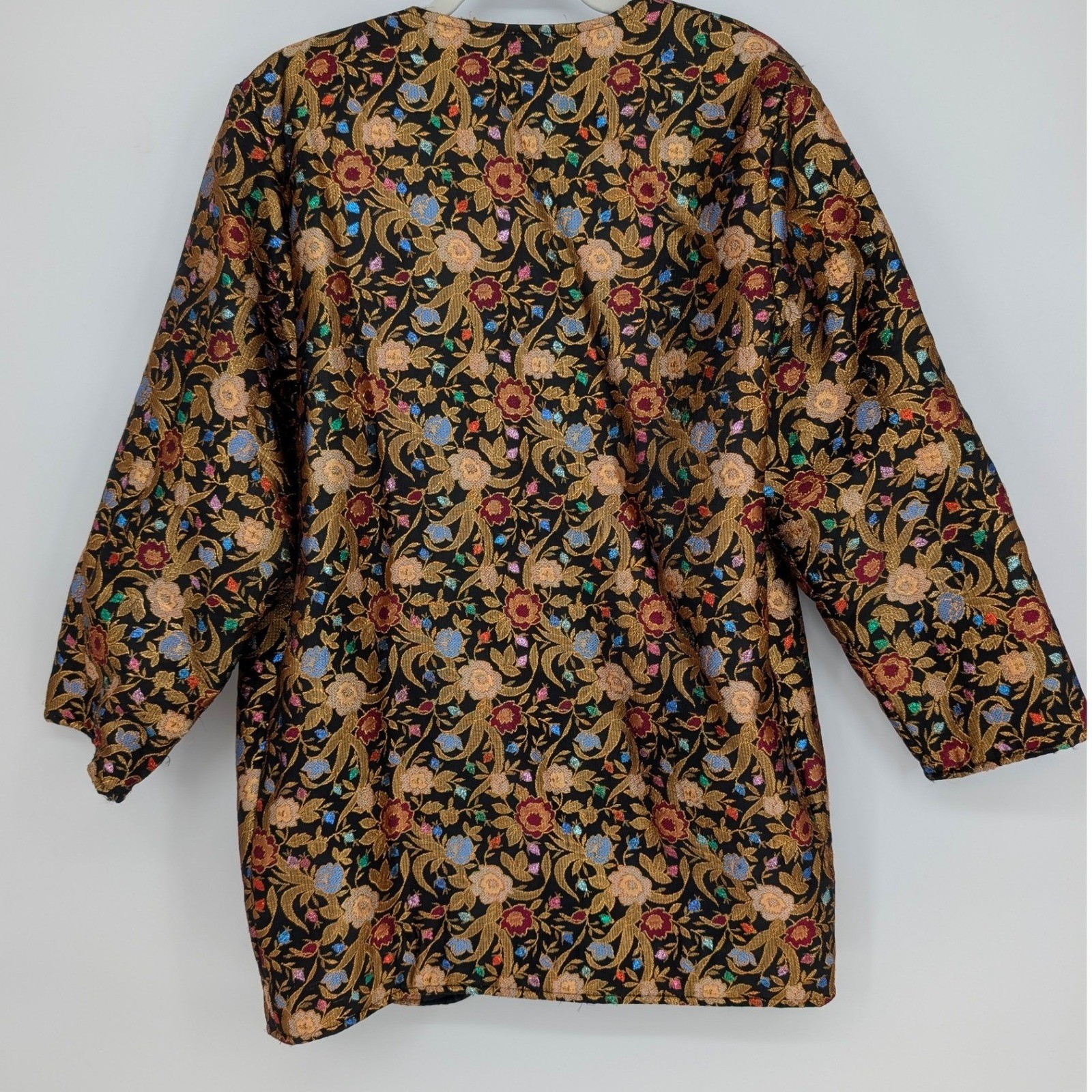 VTG 80s Satin Floral Brocade Jacket Womens M Black Gold Boho Chic Regency Whimsy