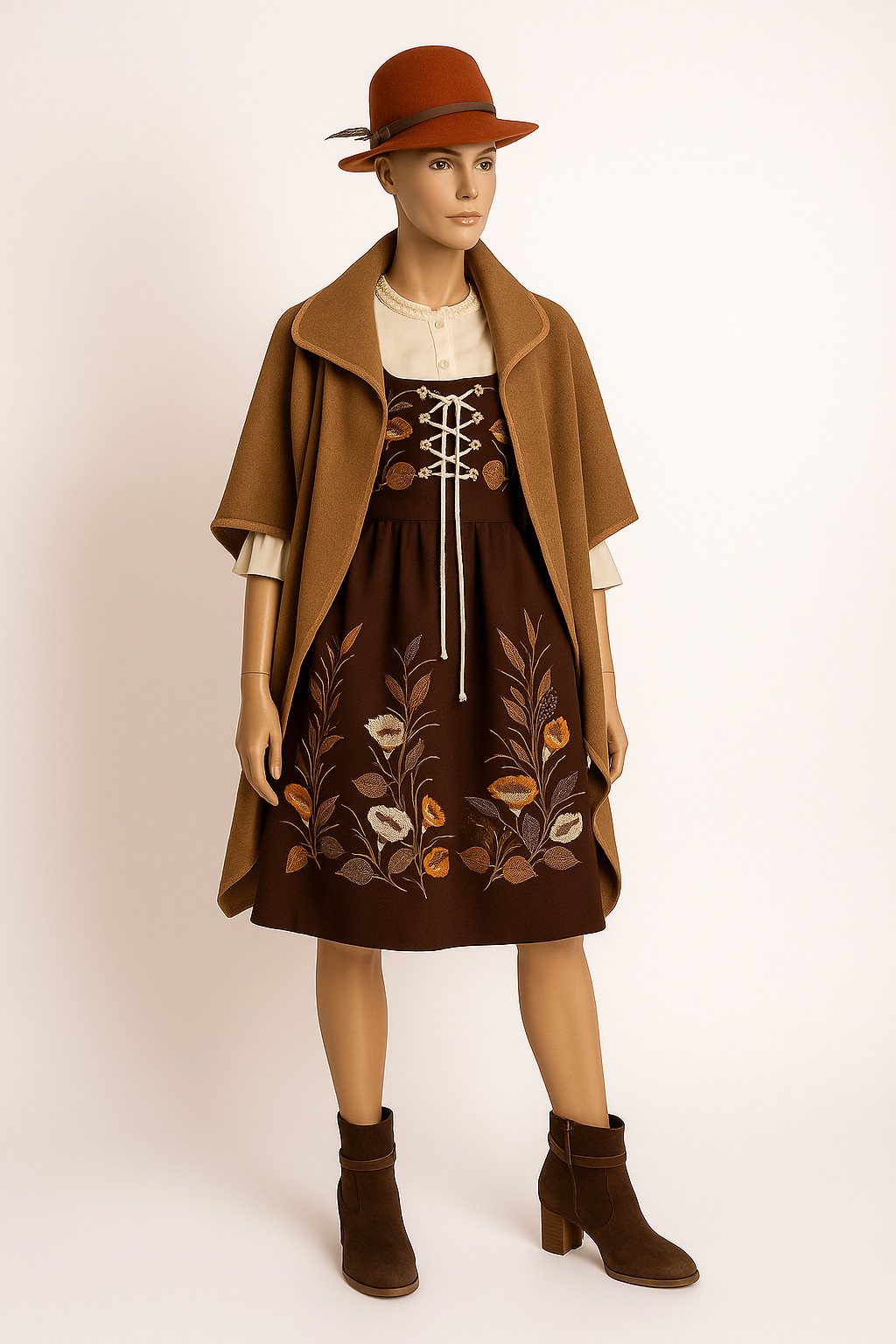 Vintage dirndl rose Salzburg brown embroidered with blouse bobbin lace size 42/44