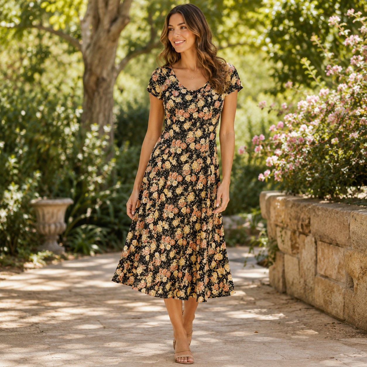 Vintage 90s Express Black Floral Midi Dress 9/10 Cottagecore Grunge