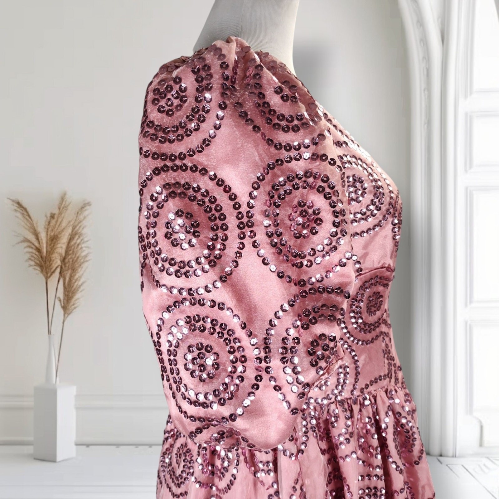 Vintage 80s Pink Sequin Formal Dress Size 12 Puff Sleeve Basque Waist