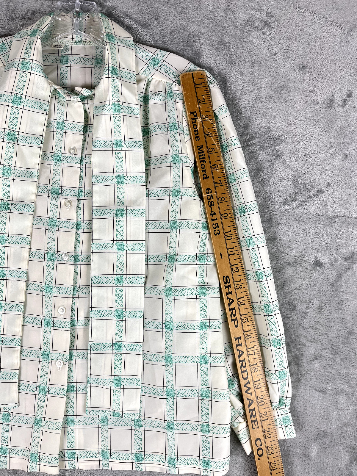Vintage Pussy Bow Blouse Secretary Geek Medium Made in USA Windowpane Plaid
