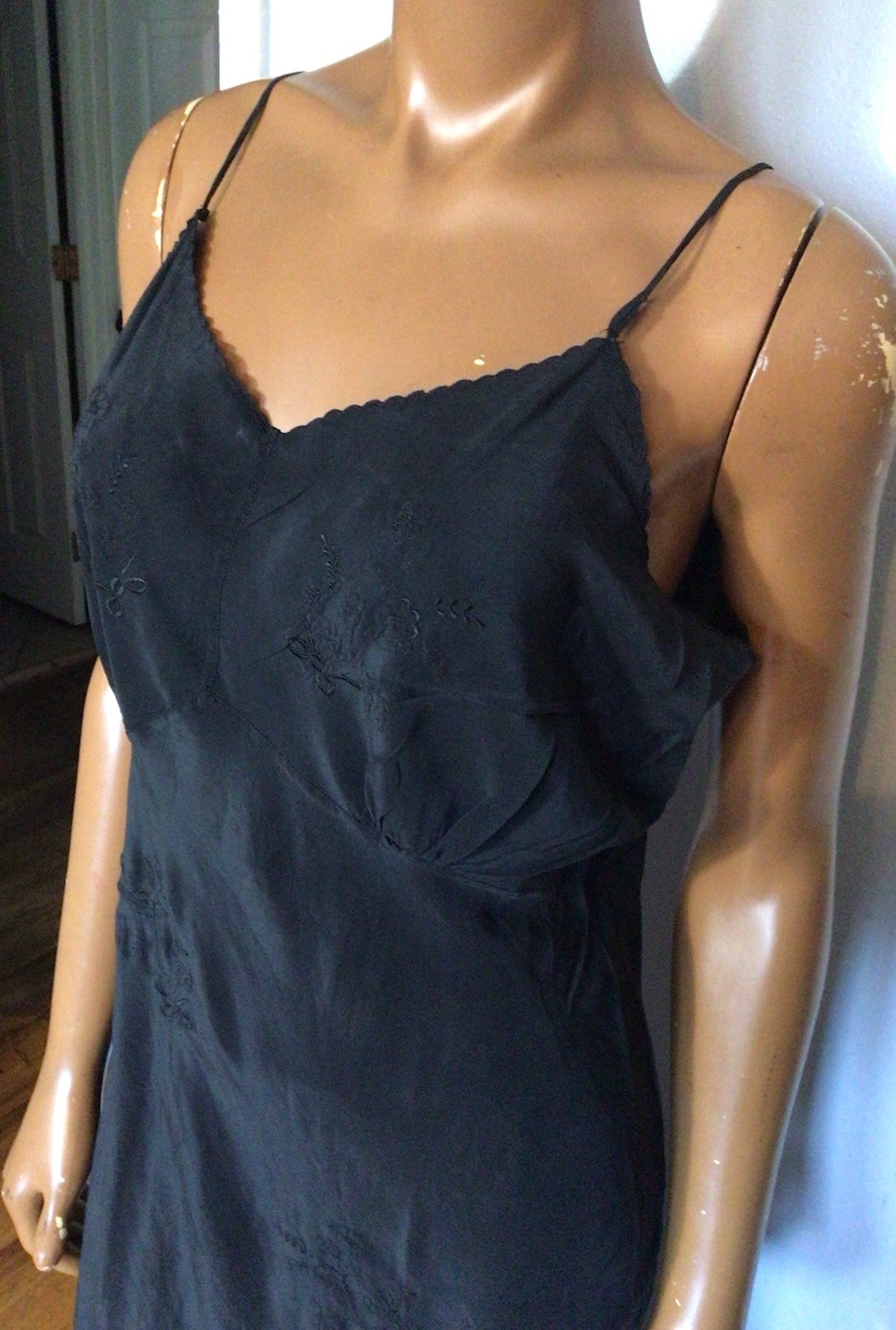 Vintage Embroidered Black Silk Slip Dress Scalloped Edges Pull On Styling