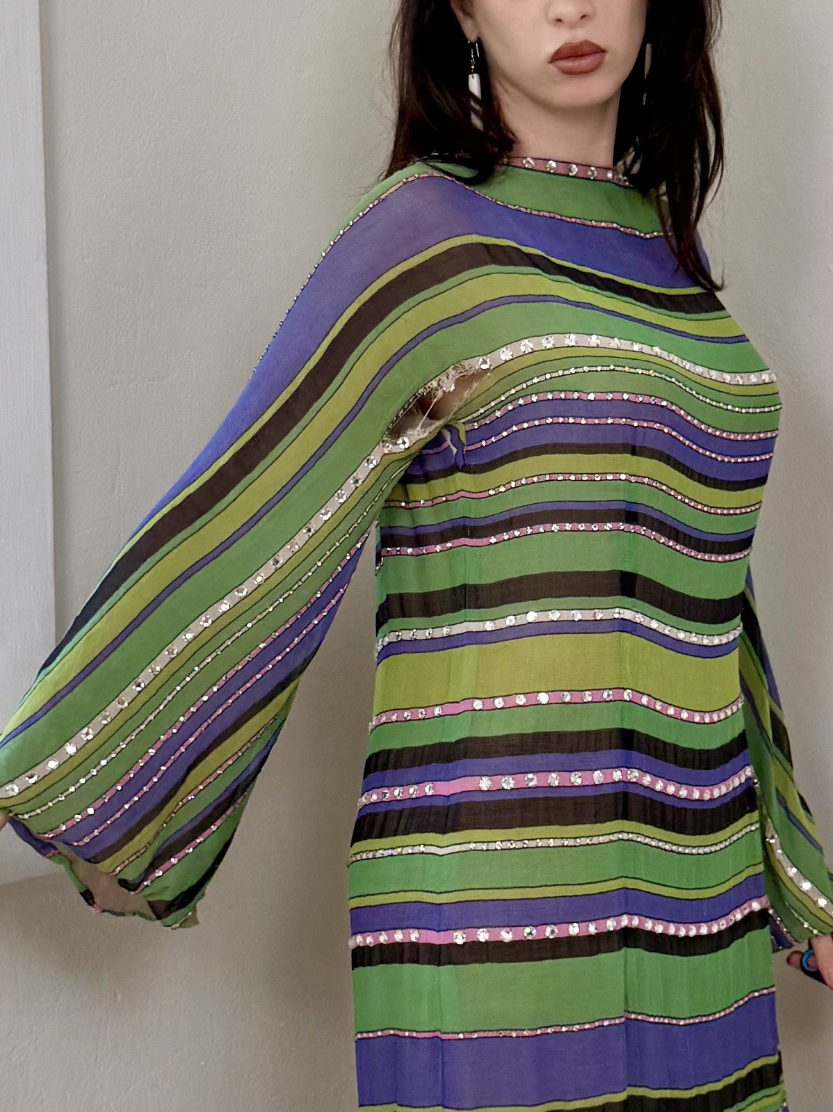 RARE AS IS 1970s Pauline Trigere Silk Glass Rhinestone Bell Sleeve Kaftan Dress