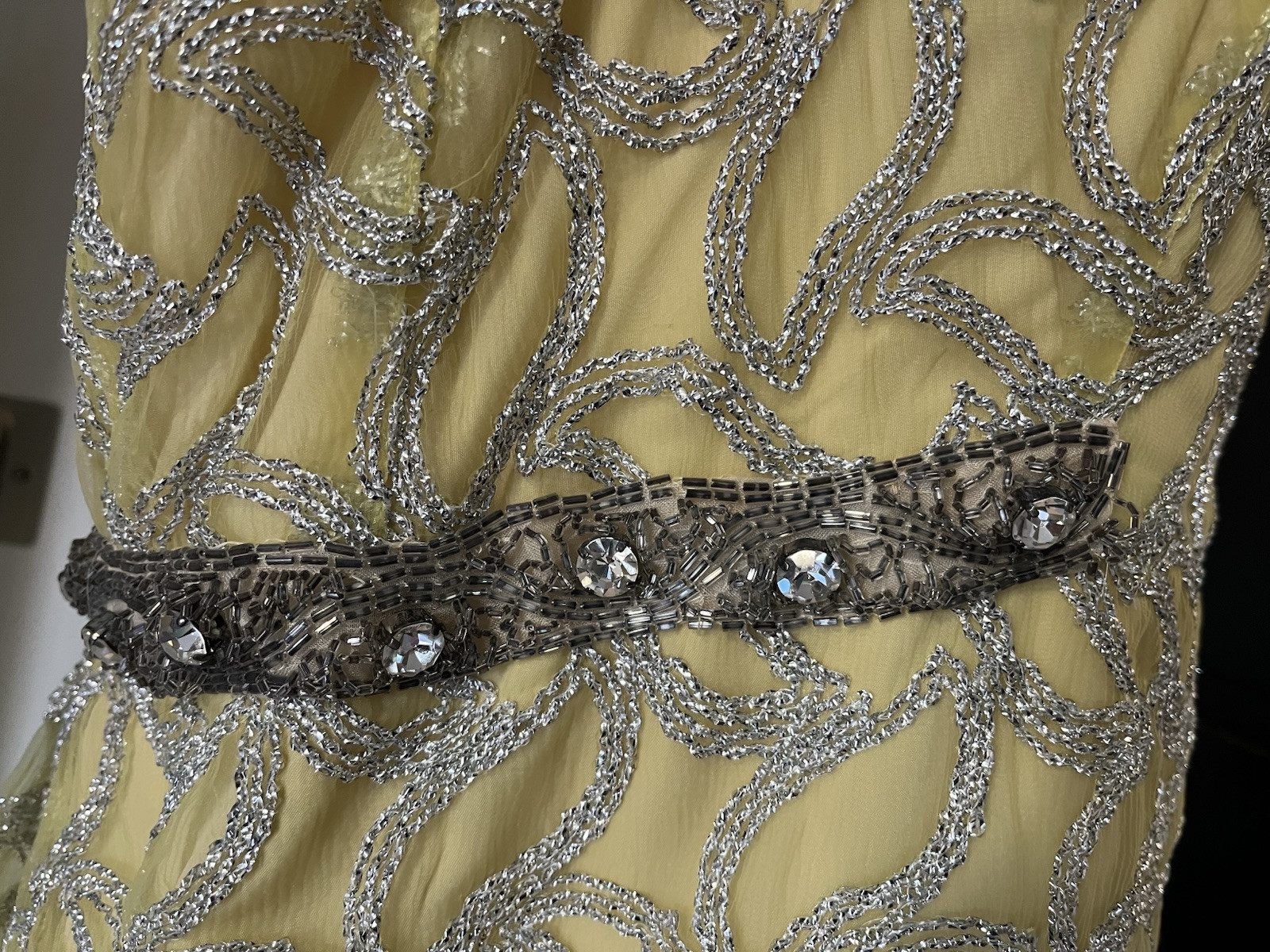 Erlebacher Beaded Long Gown Dress Sleeveless Yellow & Silver Shimmery VTG Large?