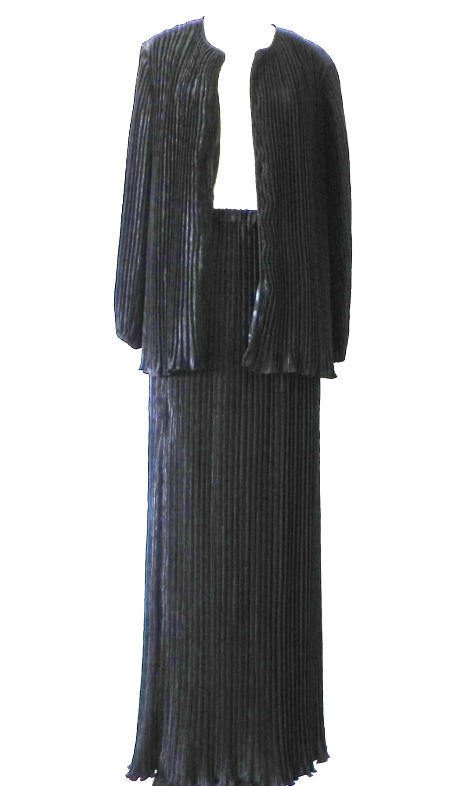 Vtg Three Flaggs 2PC Open Duster/Maxi Pleated Shinny Black Size L