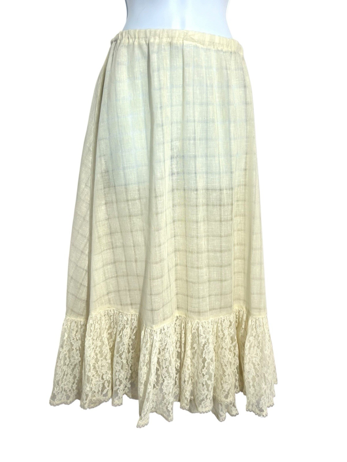 Gunne Sax 70s Vintage Semisheer Cream Lace Trim Midi Skirt Boho Cottage Prairie