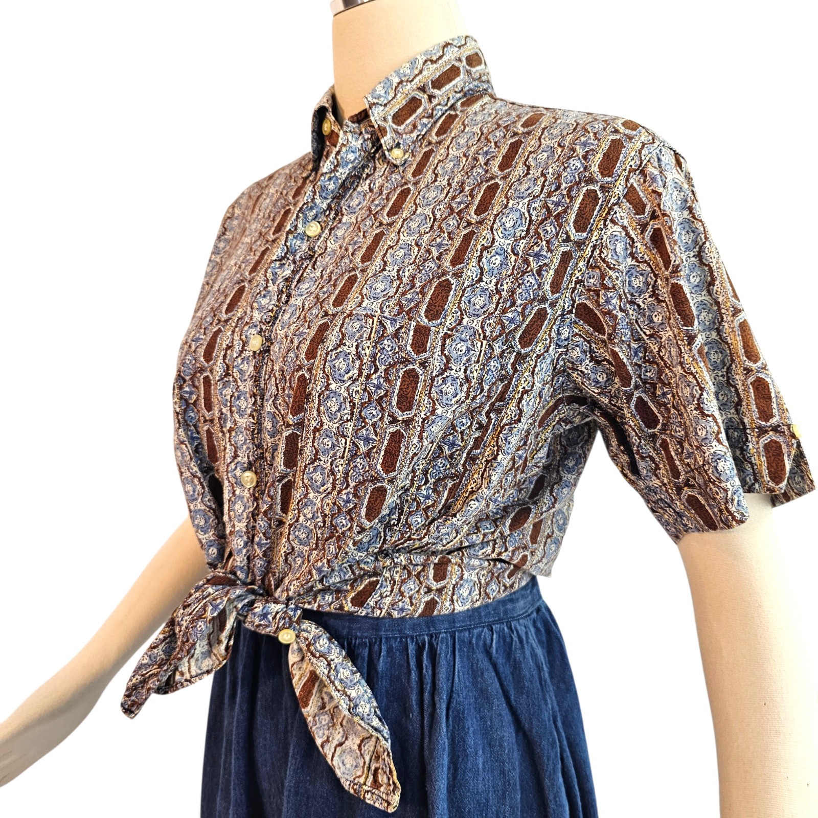 Vintage 1970s Blue Brown Pattern Short Sleeve Button Down Collared Retro Disco