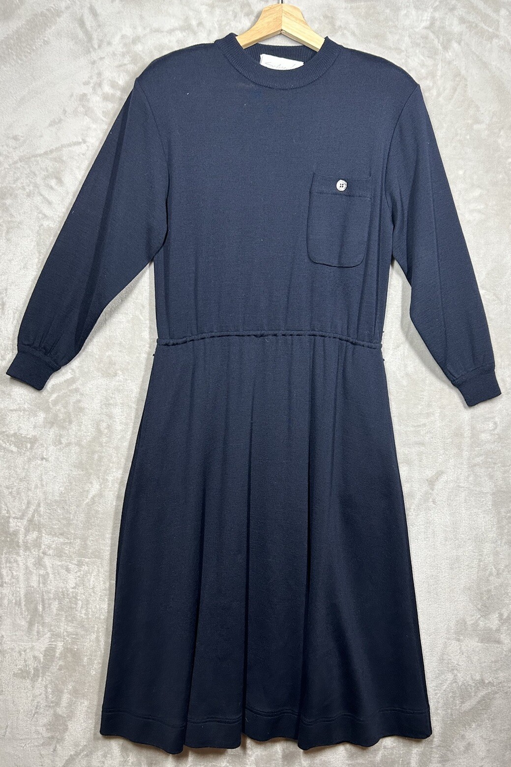 Vintage Schrader Knit Dress Womens 10 Navy Wool Stretch A-Line Midi 1980s City