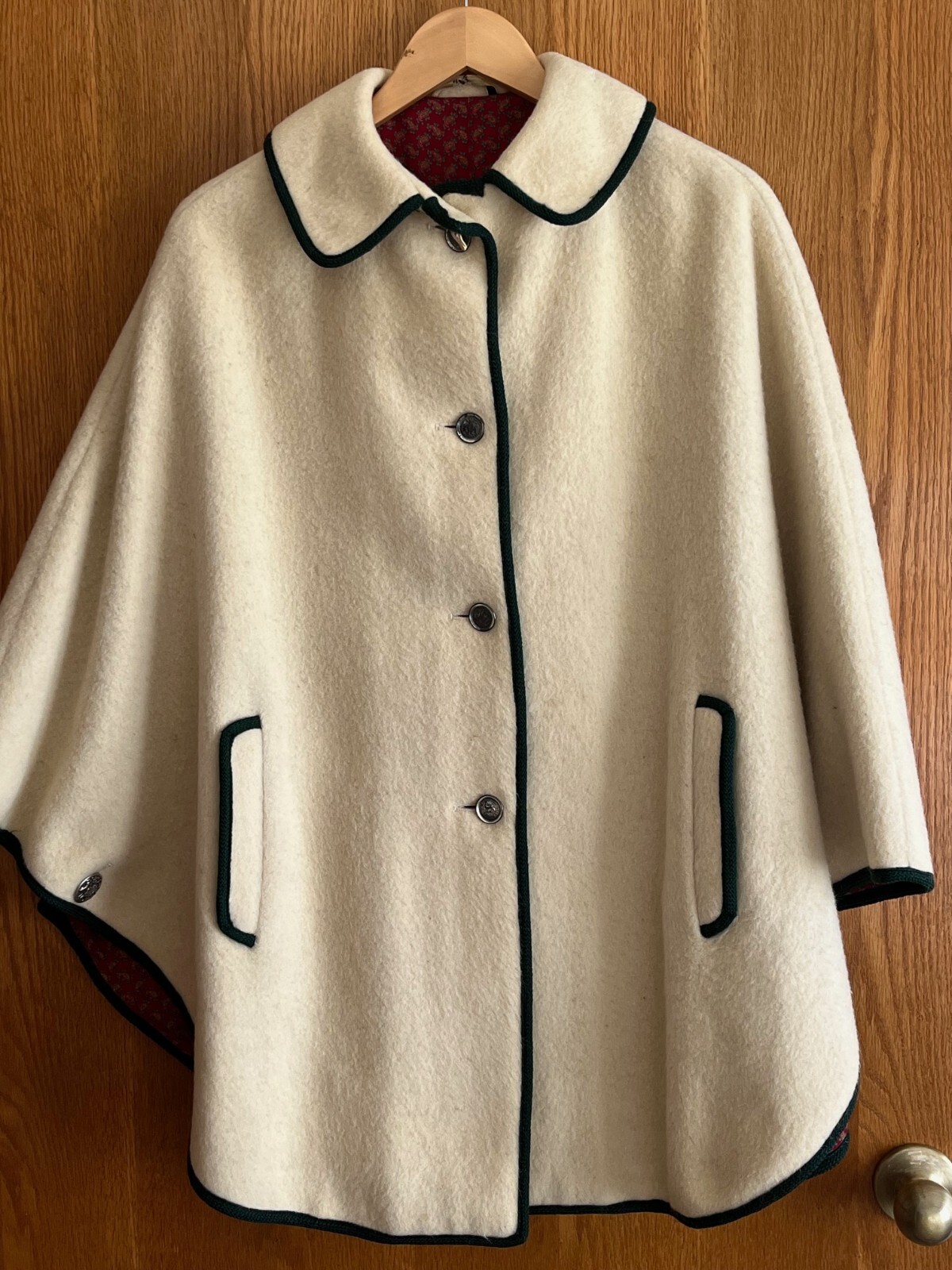 Vintage Loden Wool Cape, off-white with deep green trim, fully lined, size med