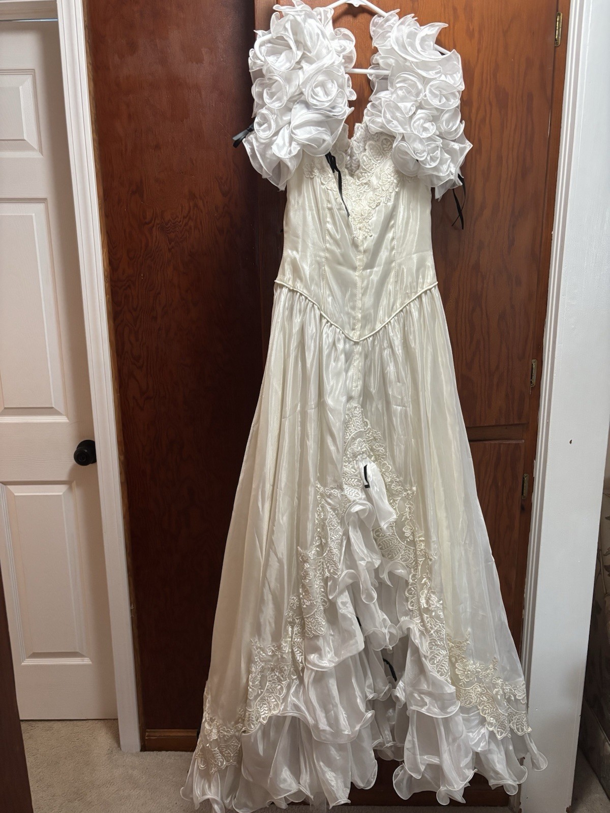 Vintage Size 8 Wedding Gown With Ruffled Sleeves, Tiered Skirt, Black Ribbons
