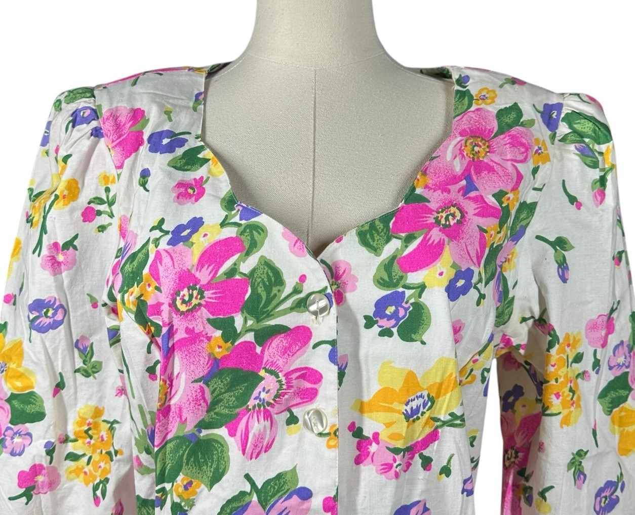 Vtg 80s Cottagecore White Pink Floral Midi Dress Drop Waist Shoulder Pads Sz 12