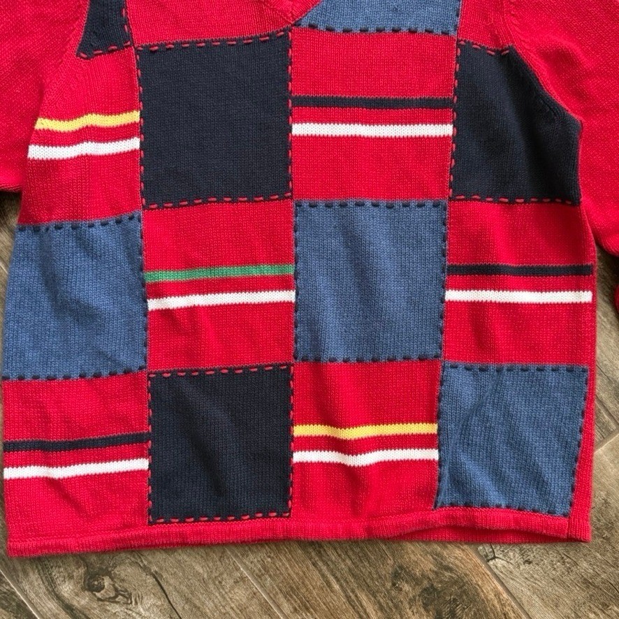 Crazy Horse Vintage Patchwork Crew Neck Knit LS Sweater,Red Blue Navy,2(NWT)