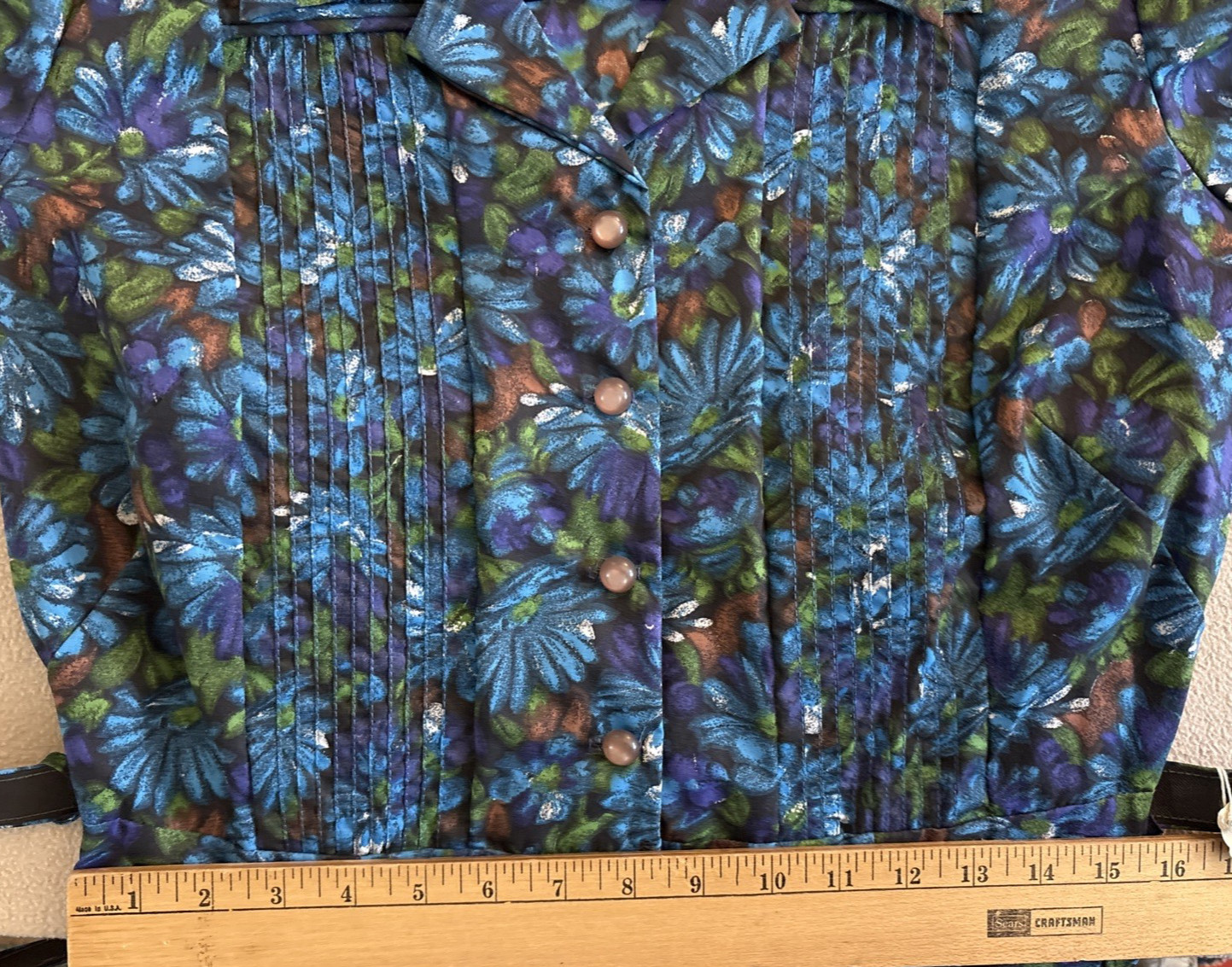 MCM Jeanne Crain of Hollywood Day Dress Blue Daisies Button/Tucks/Belt Sz 14-1/2