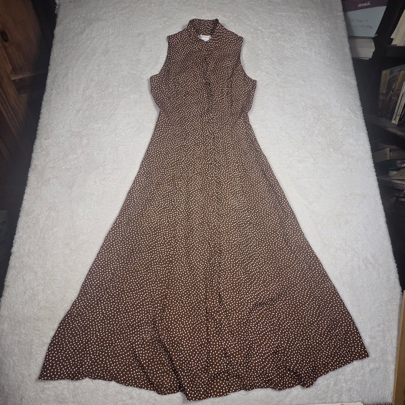 Misty Lane Polka Dot Maxi Dress 10 Brown Vintage 90s Sleeveless Rayon