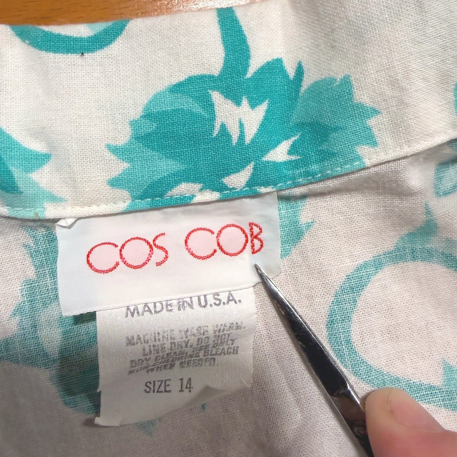 Cos Cob Vintage Teal White Floral Cotton Short Sleeve Button Up Shirt USA L