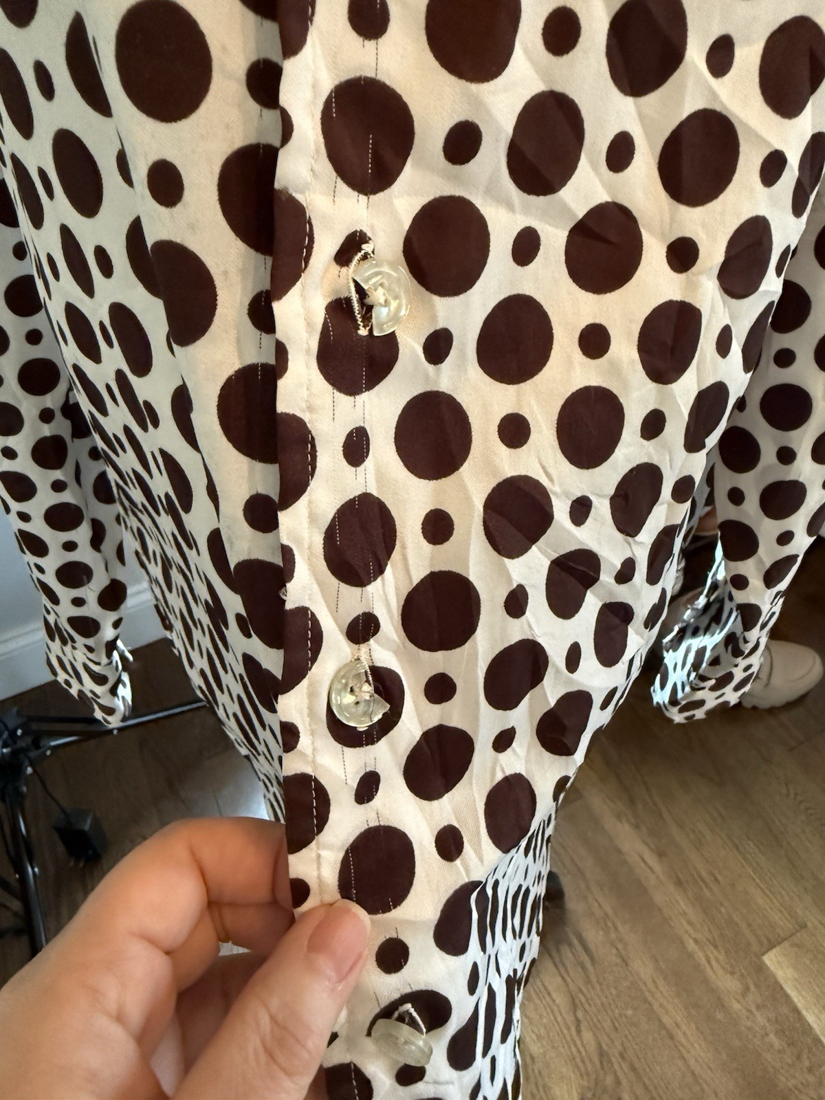 Vintage Givenchy For Chesa Brown Polka Dot Blouse W 70s Lapels Lg Broken Buttons