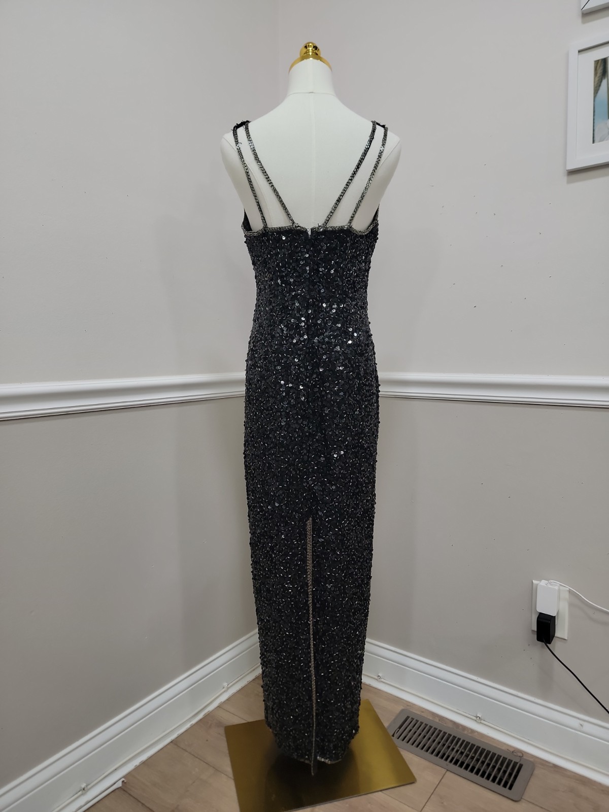 VTG 90s Black Sequin Column Gown Sleeveless Silk Evening Formal Prom Dress Med