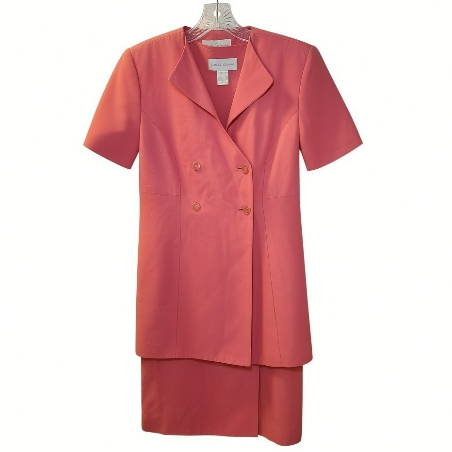 Casual Corner Vintage Coral Pink 2 Piece Dress Suit Set Double Breasted Size 8