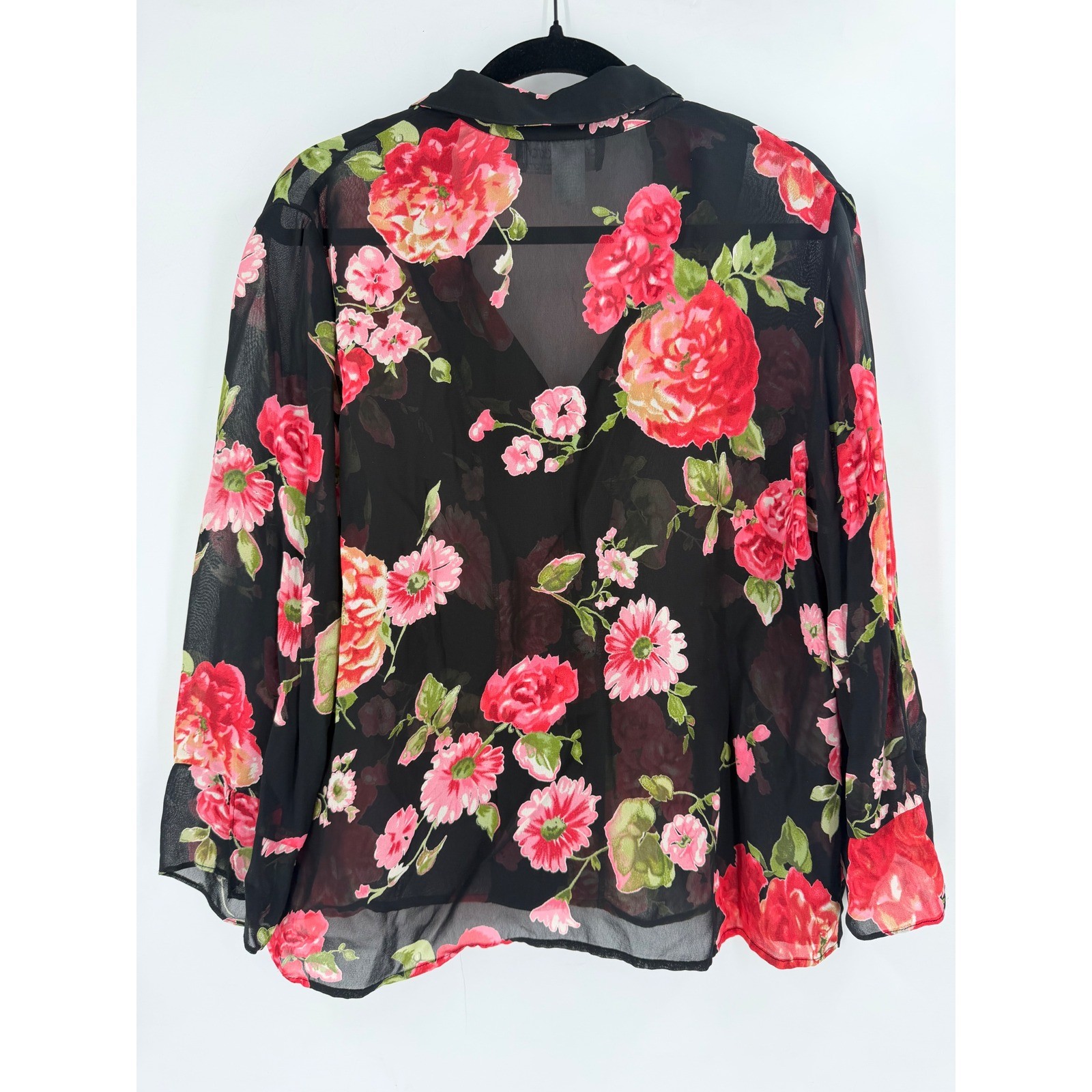 Carol Anderson Floral Blouse Women 16 Black Pink Rose Sheer Rayon Cottagecore