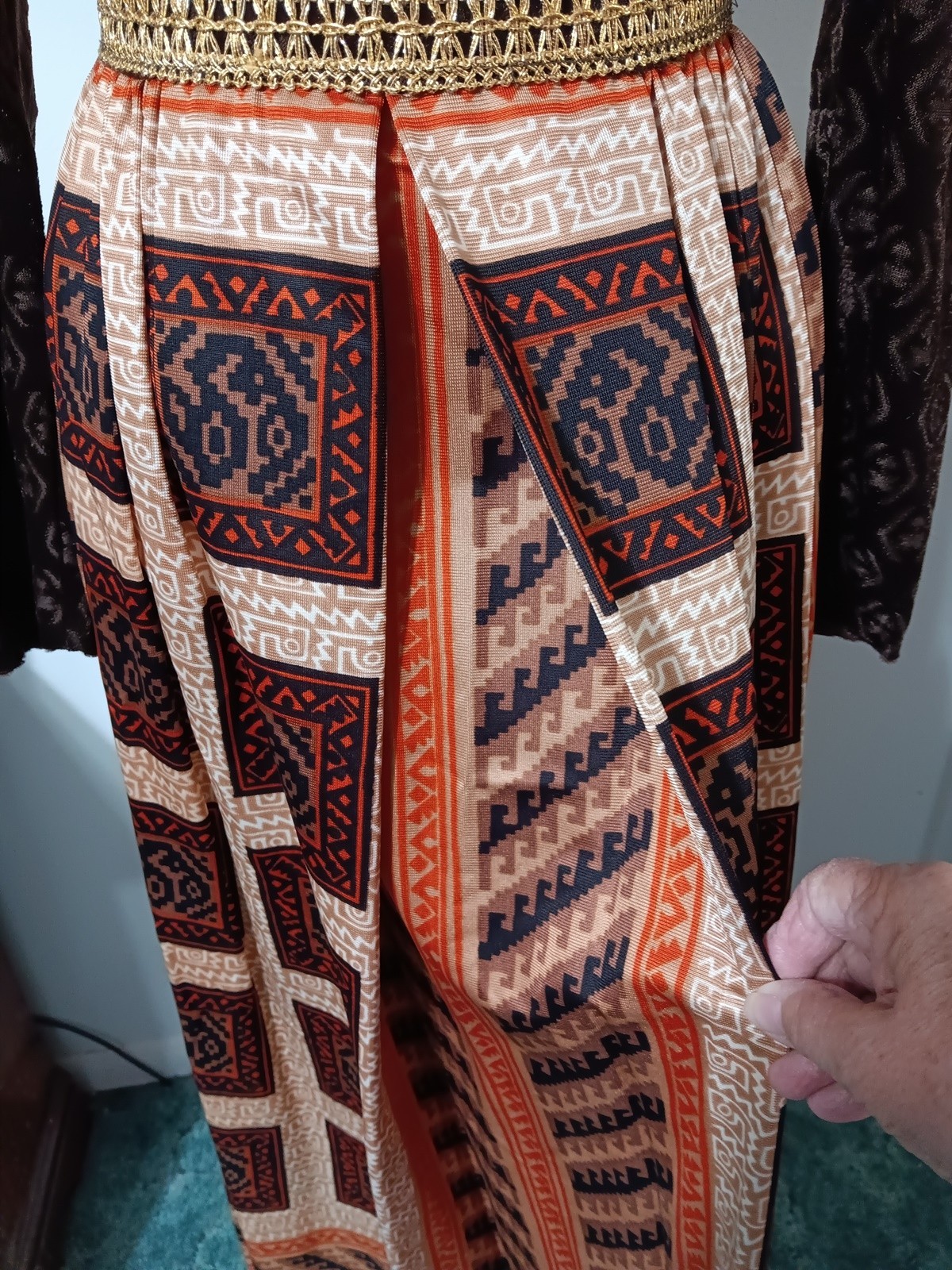 Vintage 70s Dress Brown Maxi Velvet Aztec Pixels Print Boho Hostess Gown
