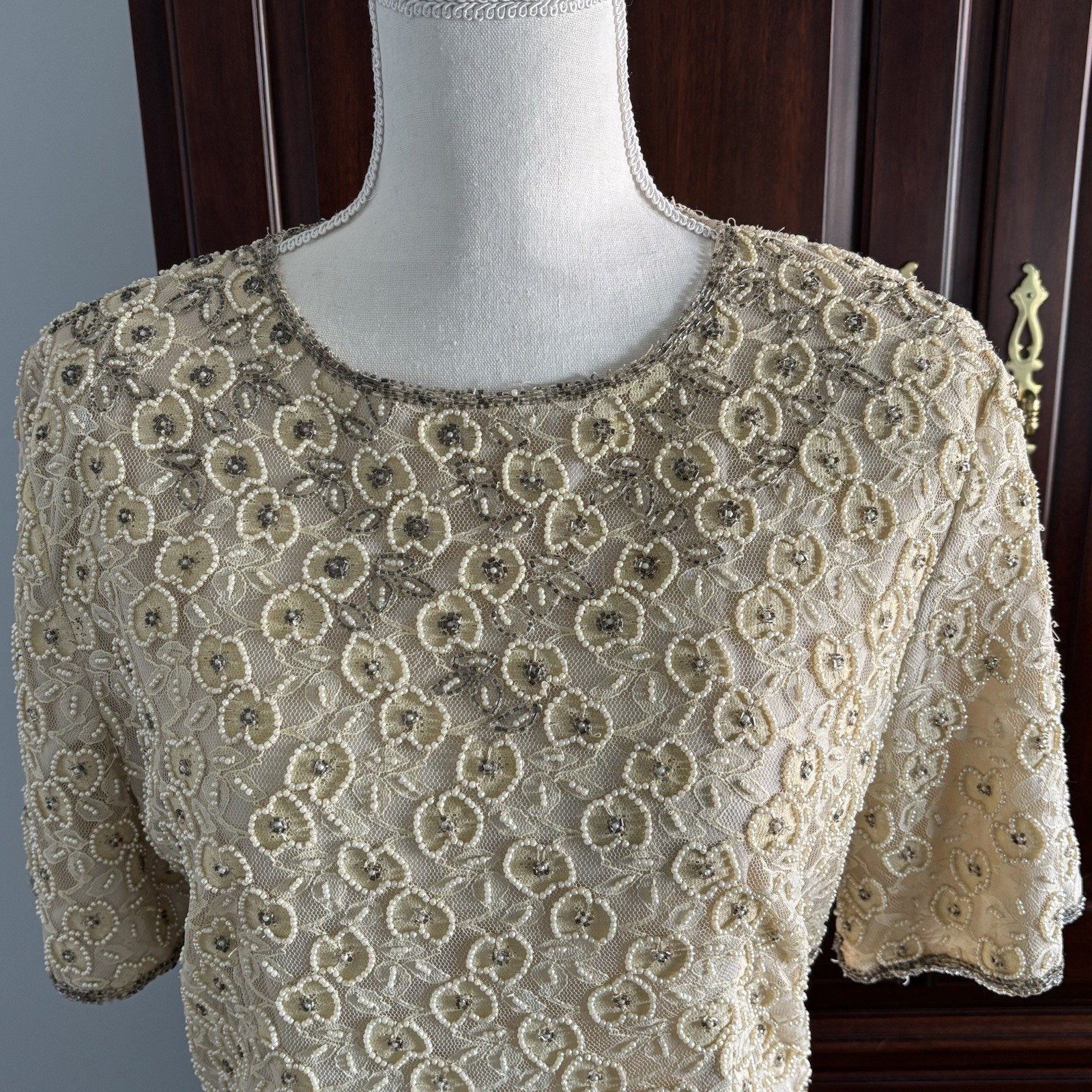 Vtg Women’s Stenay Cream Black Glass Beaded Lace Cocktail Formal Shift Dress 8
