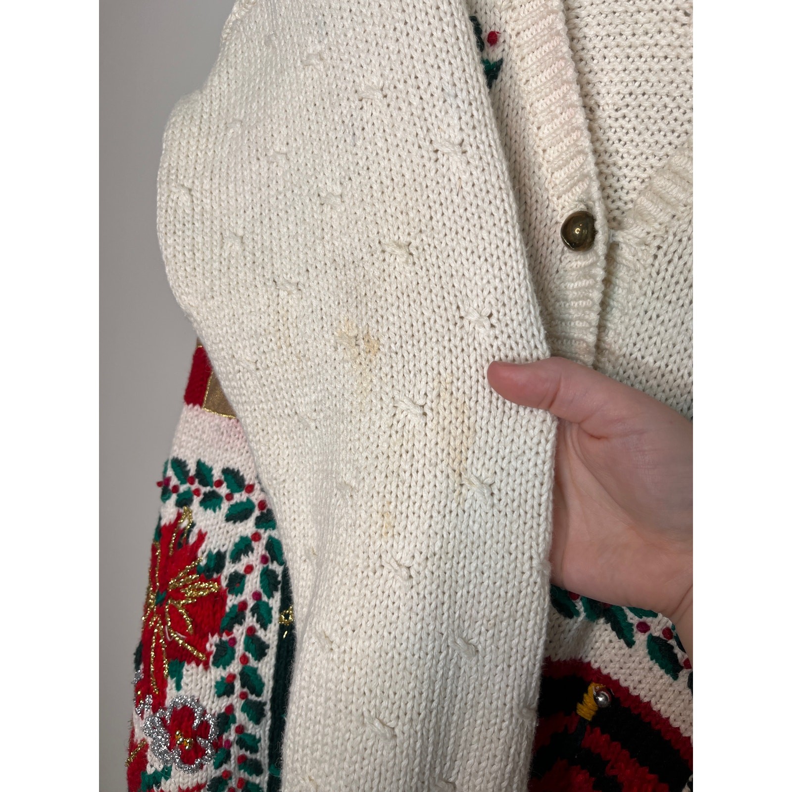 1980s Casual Corner Christmas Patchwork Ornaments Holly Jingle Bells Cardigan L