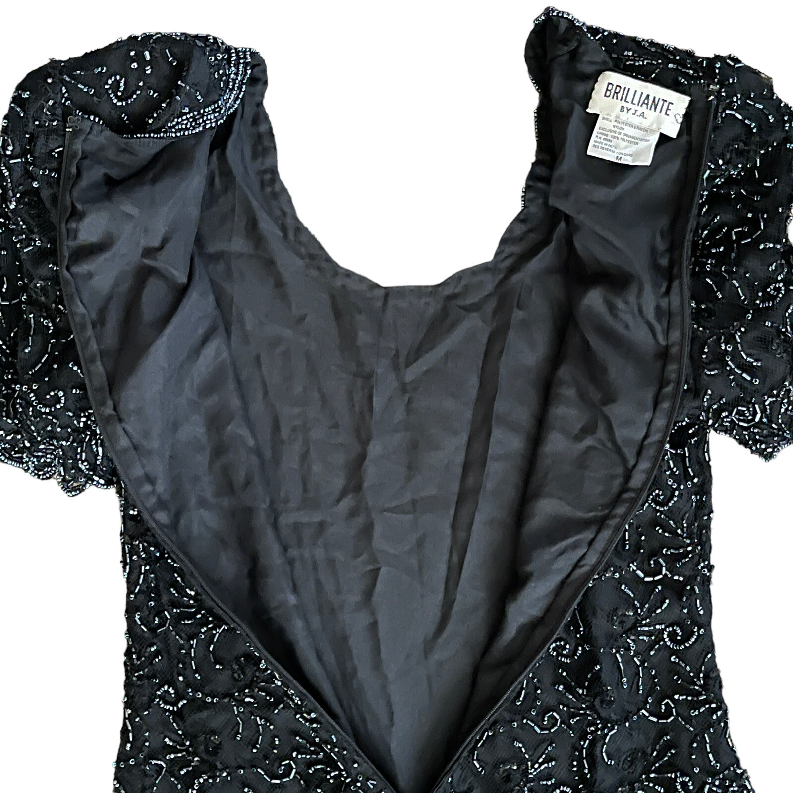 Vtg 80s Mother Of The Bride Dress M Black Beaded Top Sheer Chiffon Flowy Skirt