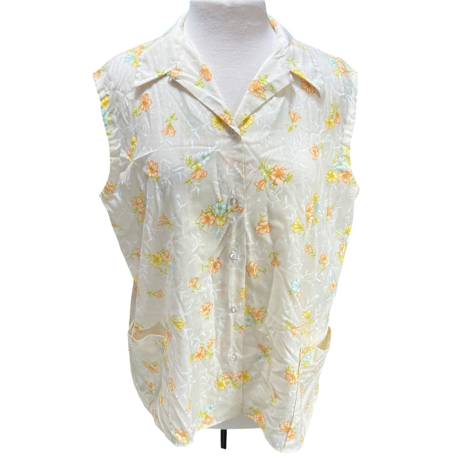 VTG Handmade Floral Sleeveless Button Down Shirt Blouse Cottage Hippy Retro Top