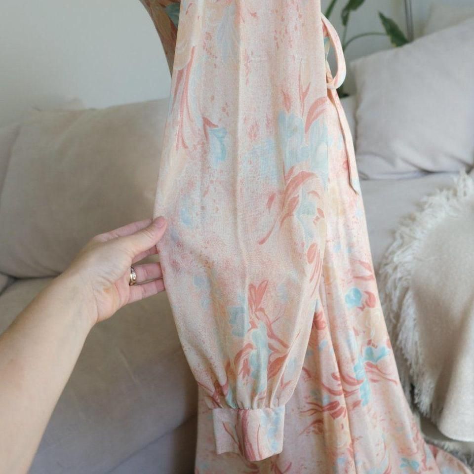 Vtg 1970s S Sheer Sleeve Orange Floral Print Coral Prairie Tie Long Sleeve Dress