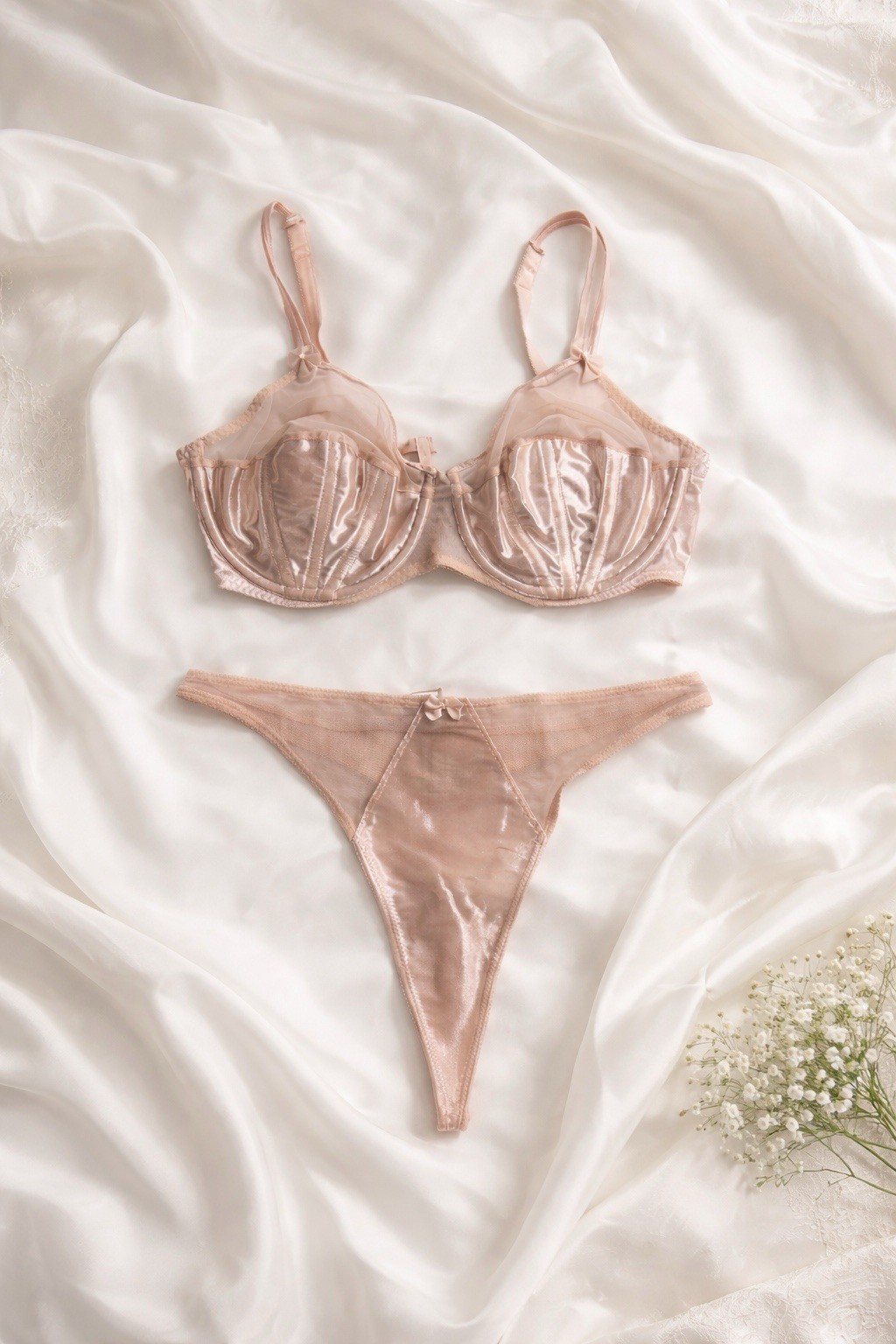 New Victoria’s Secret Satin Second Skin Bra Panty Set Size 38C Thong Large Vtg