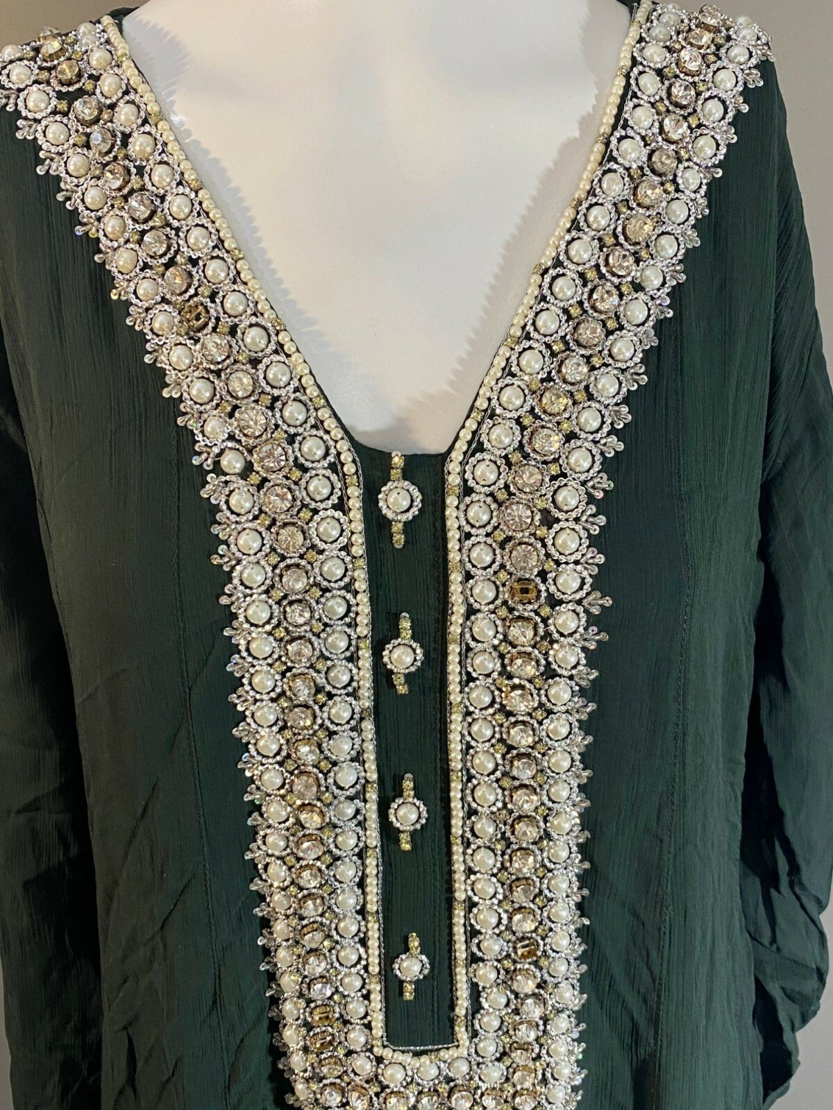 Sha Posh Women’s Dark Green Dress Long Sleeve with Pearls & Jewels Accents Size