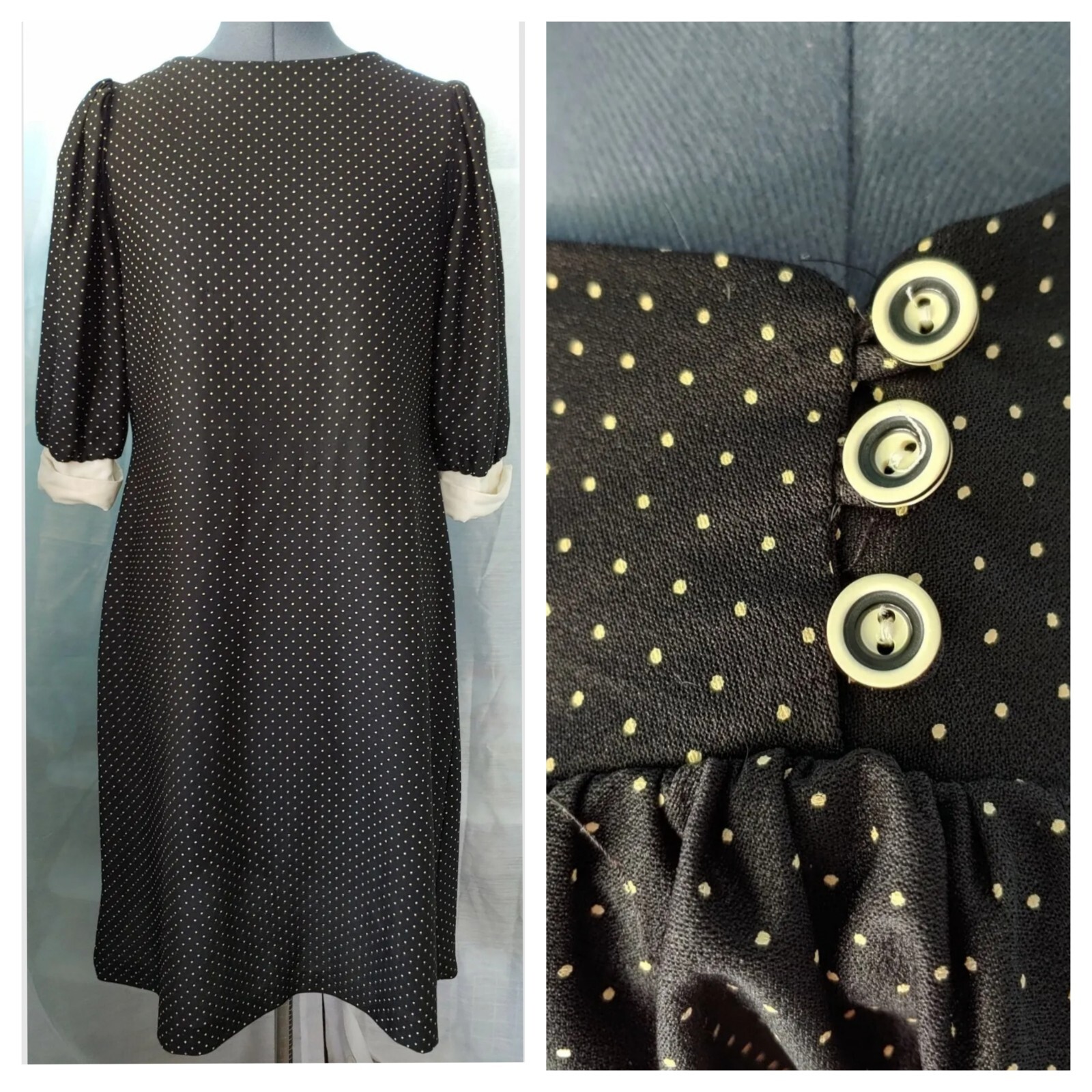 Vintage Mr Joe Black Dress with Cream Polka Dots, Collar & Cuffs 38″ Bust Sz MD?