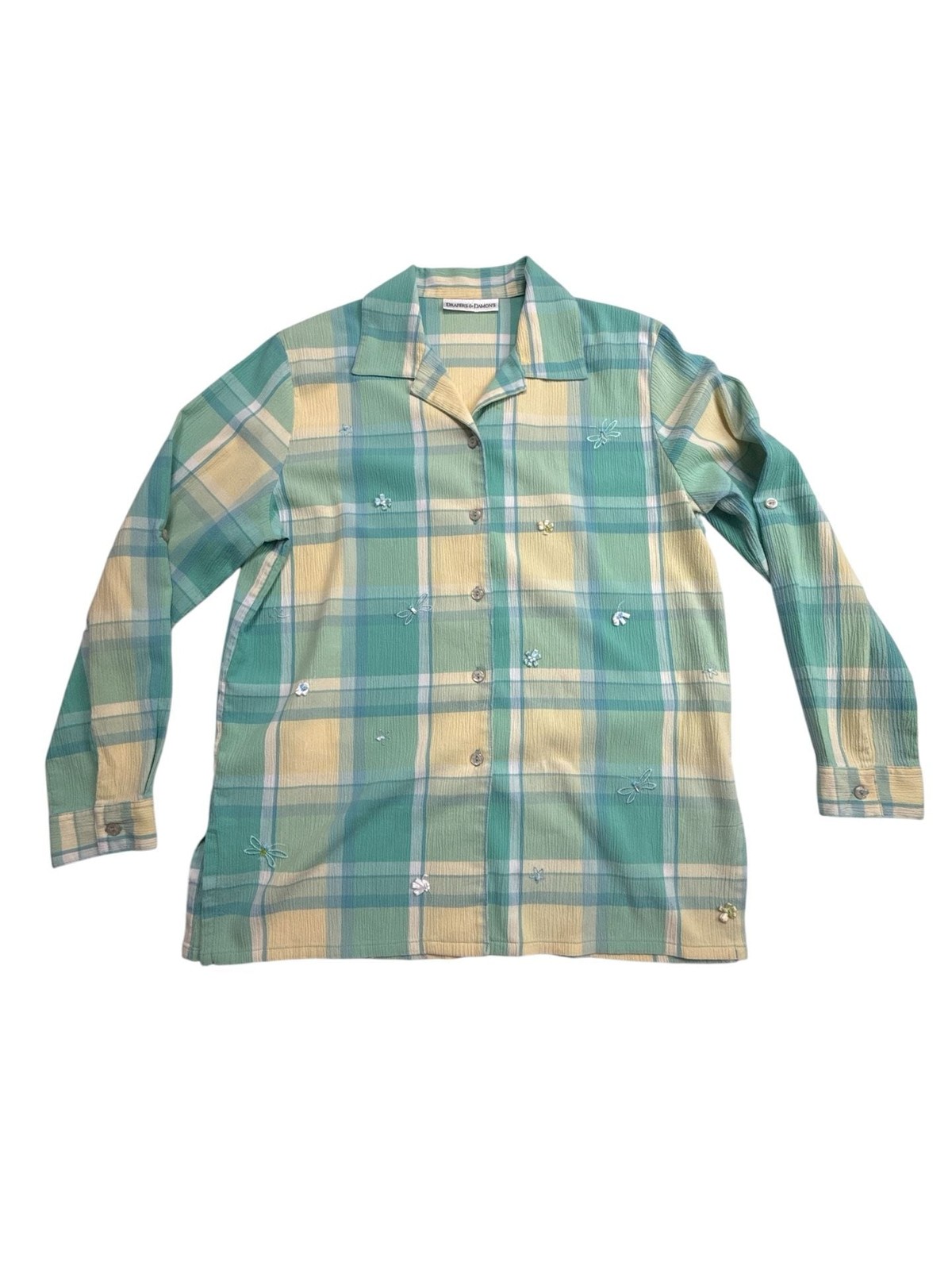 VTG Draper’s & Damon’s Shirt Jacket Top Size S Plaid Long Sleeves Green Blue