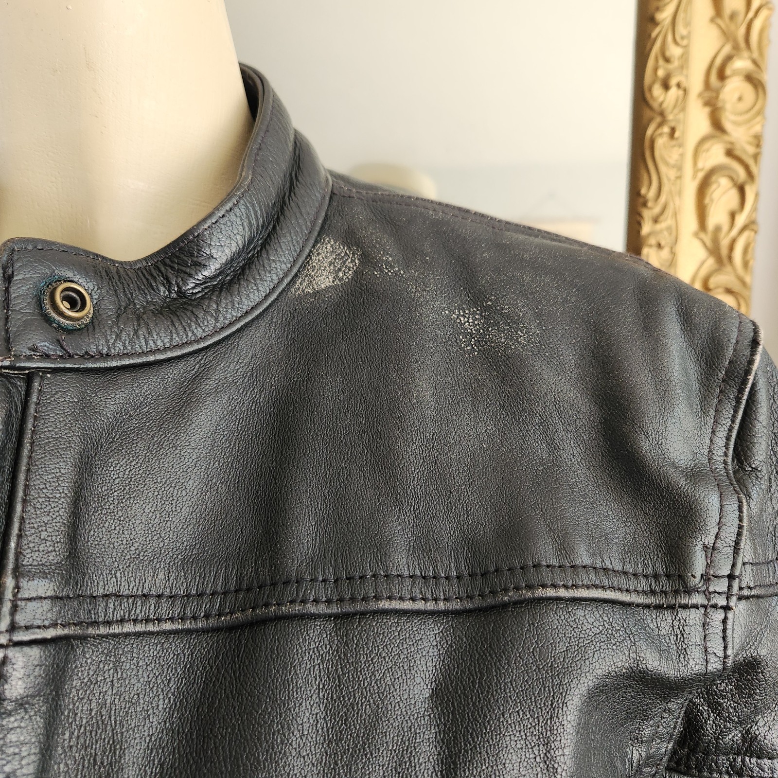 Vintage 80s Black Leather Moto Jacket Racing Biker Skull Size Medium Rocker