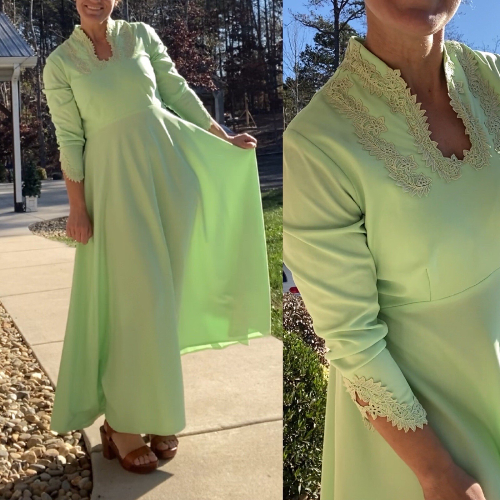 Vintage Sylvia Ann 70s mint green lace v neck fit and flare maxi dress med/large