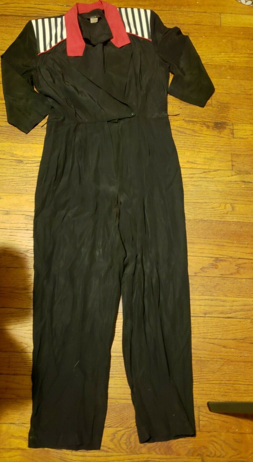 Vtg 80s 90s JSJ shoulder pad stiped Black petites Jumpsuit Party Pleats
