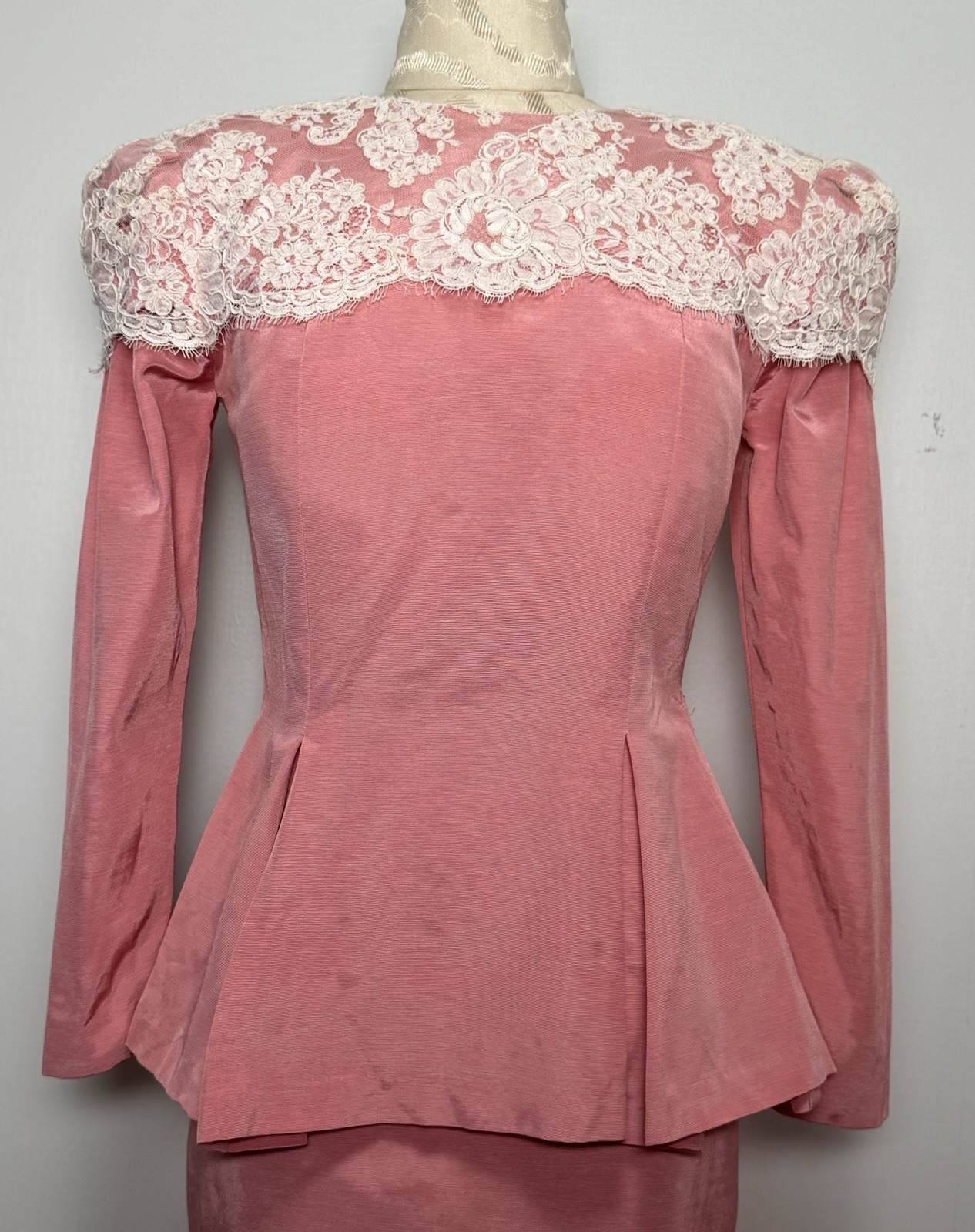 Vtg 80s Watters & Watters Pink Lace Pleated Peplum Maxi Skirt Formal Set XS/S